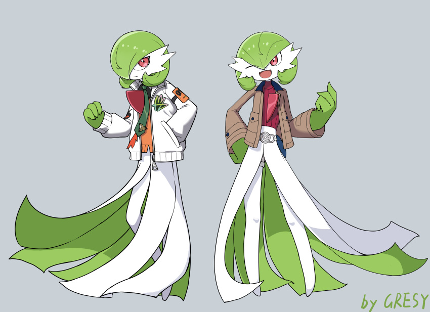 2girls, absurdres, armband, artist_name, belt, belt_buckle, brown_jacket, buckle, buttons, clenched_hand, closed_mouth, clothed_pokemon, colored_skin, commentary_request, cosplay, flat_chest, full_body, gardevoir, green_necktie, green_skin, gresy, grey_background, grey_shorts, hair_between_eyes, hair_over_one_eye, hand_in_pocket, hand_on_own_hip, hand_up, happy, highres, index_finger_raised, jacket, long_sleeves, looking_at_viewer, multicolored_skin, multiple_girls, naveen_(pokemon), naveen_(pokemon)_(cosplay), necktie, no_feet, one_eye_closed, one_eye_covered, open_clothes, open_jacket, open_mouth, orange_sweater, pocket, poke_ball_theme, pokemon, pokemon_(creature), pokemon_legends:_z-a, red_eyes, red_shirt, ribbed_shirt, shirt, short_shorts, shorts, signature, simple_background, smile, standing, sweater, taunie_(pokemon), taunie_(pokemon)_(cosplay), turtleneck, turtleneck_shirt, two-tone_skin, white_jacket, white_skin, zipper_pull_tab