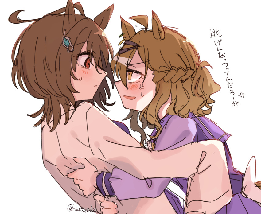 2girls, absurdres, agnes_tachyon_(umamusume), akarimaru, anger_vein, animal_ears, blush, braid, brown_hair, commentary, eye_contact, half_up_braid, highres, horse_ears, horse_girl, jungle_pocket_(umamusume), lab_coat, looking_at_another, medium_hair, multiple_girls, pleated_skirt, purple_shirt, purple_skirt, red_eyes, school_uniform, shirt, simple_background, skirt, sweat, tracen_school_uniform, umamusume, white_background, yellow_eyes, yuri