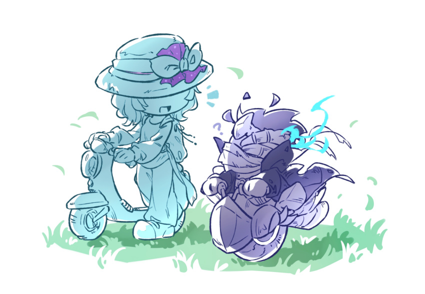 0olqplo0, 1girl, ?, blue_fire, exhaust_pipe, fire, grass, hat