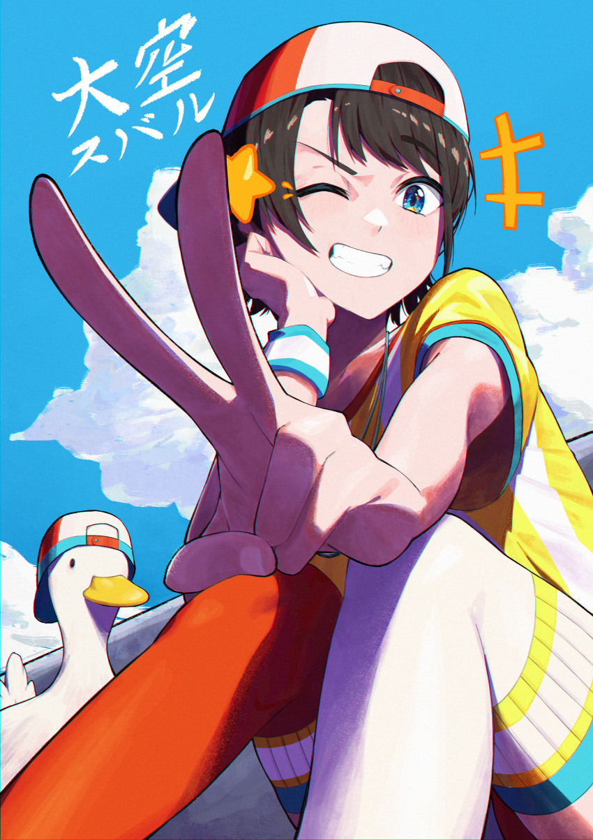 +++, 1girl, absurdres, asymmetrical_legwear, backwards_hat, baseball_cap, bird, black_hair