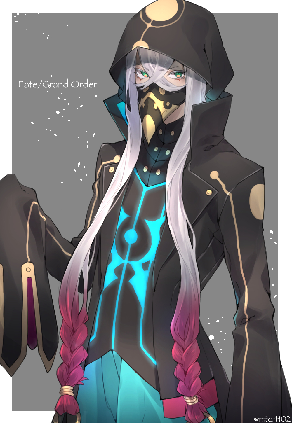 1boy, asclepius_(fate), asclepius_(first_ascension)_(fate), black_cloak, black_coat, black_hood, braid, cloak, coat, commentary_request, copyright_name, cowboy_shot, fate/grand_order, fate_(series), gradient_hair, green_eyes, highres, long_hair, low-braided_long_hair, low-tied_long_hair, male_focus, mask, mouth_mask, multicolored_hair, pink_hair, plague_doctor_mask, sleeves_past_fingers, sleeves_past_wrists, solo, tofu_(bean359), twitter_username, white_hair