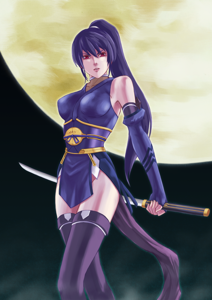 bad_id, bare_shoulders, choukou_sennin_haruka, collarbone, detached_sleeves, elbow_gloves, fingerless_gloves, full_moon, gloves, japanese_clothes, lips, long_hair, moon, night, ninja, pink_eyes, ponytail, purple_hair, purple_legwear, red_eyes, solo, subaru_(choukou_sennin_haruka), sword, thigh-highs, thighhighs, tomoshiki, weapon