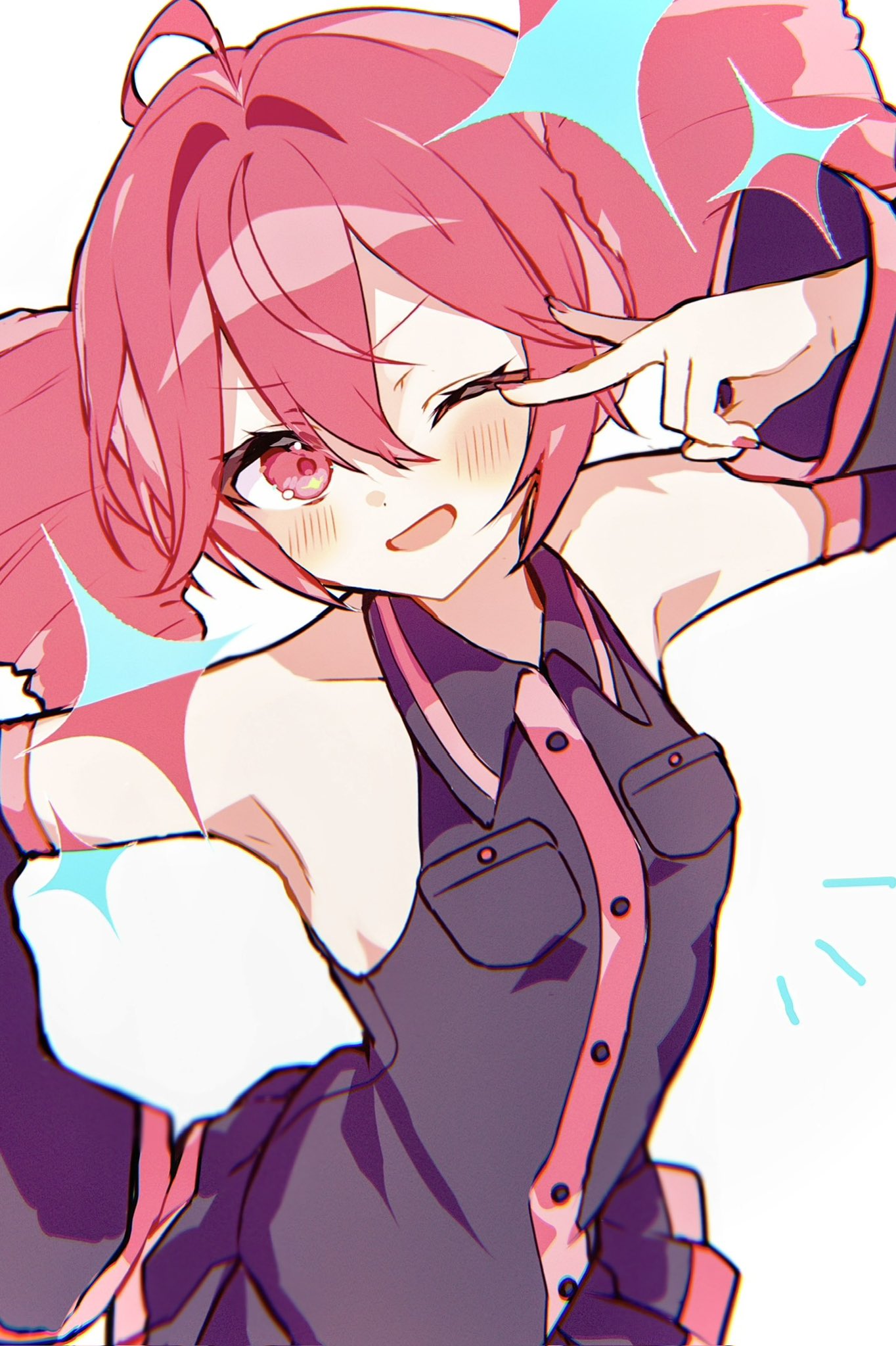 1girl, ;d, ahoge, bare_shoulders, black_shirt, black_skirt, black_sleeves, breast_pocket, collared_shirt, detached_sleeves, double-parted_bangs, drill_hair, fingernails, hair_between_eyes, hand_on_own_hip, highres, kasane_teto, kasane_teto_(utau), mayoi_reu, miniskirt, nail_polish, one_eye_closed, open_mouth, pocket, red_eyes, red_hair, red_nails, red_trim, shirt, skirt, sleeveless, sleeveless_shirt, smile, twin_drills, utau, v, v-shaped_eyebrows, v_over_eye