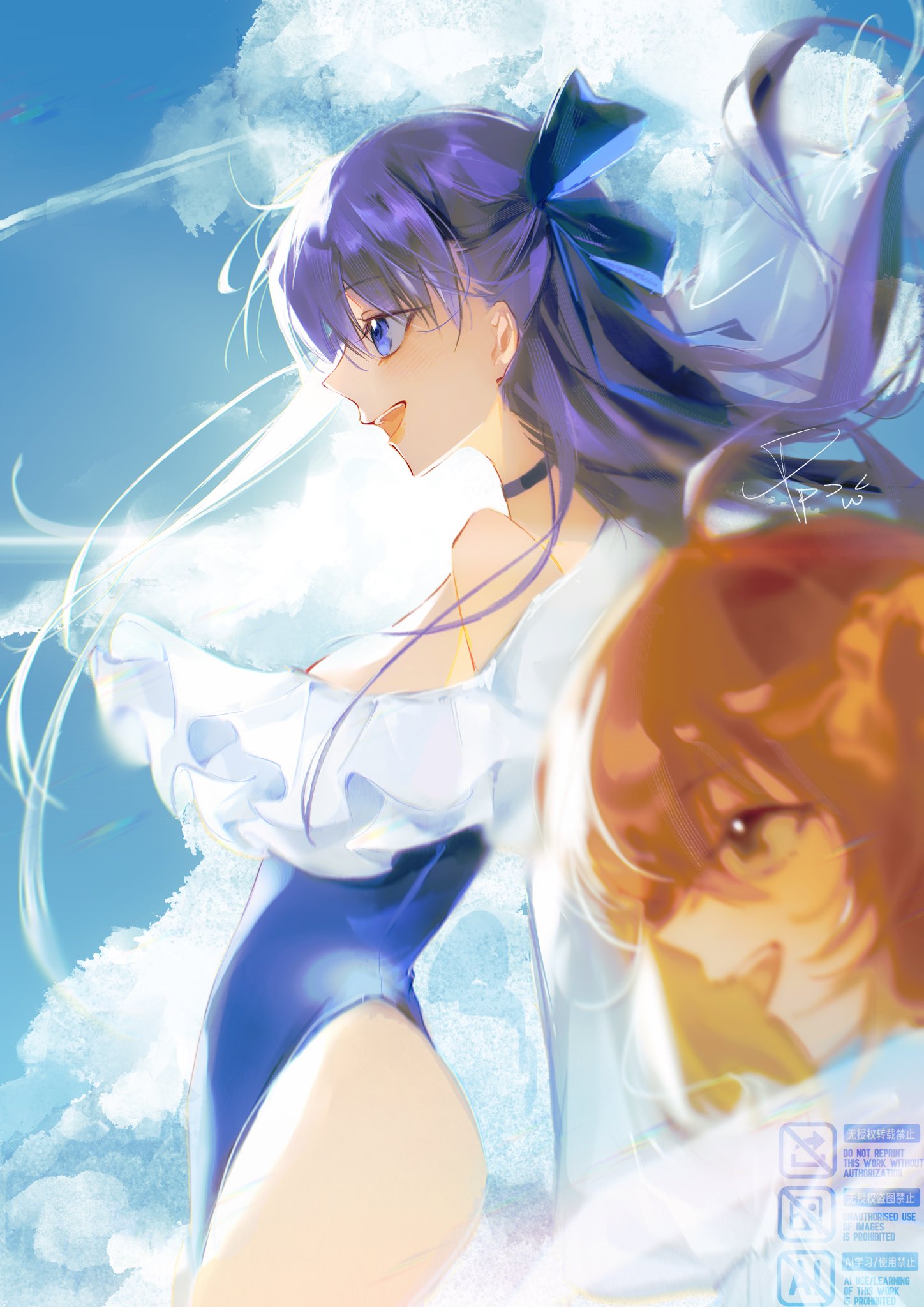 2girls, blue_bow, blue_choker, blue_eyes, blue_hair_bow, blue_sky, blue_swimsuit, blush