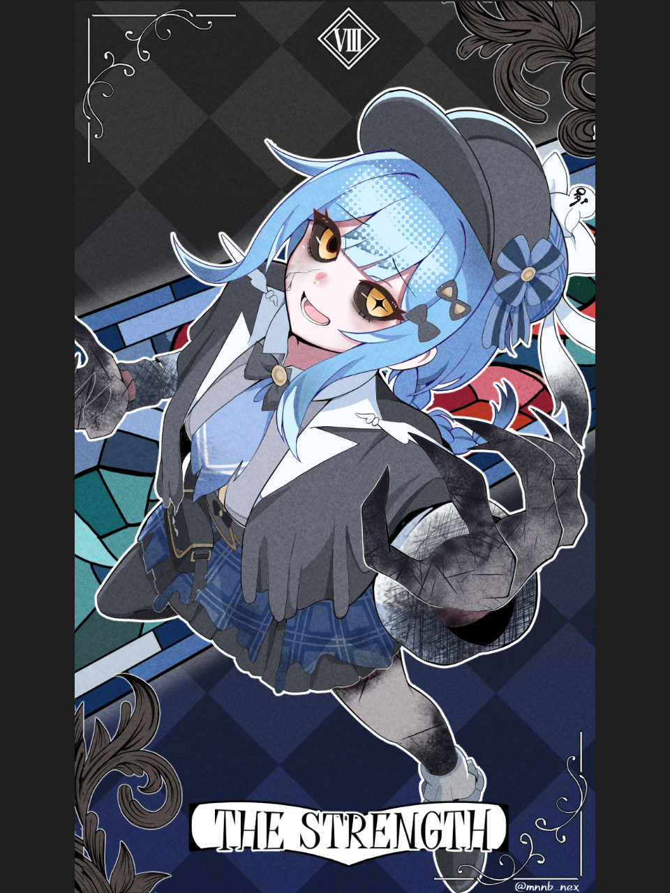 1girl, asymmetrical_legwear, bird_hat_ornament, black_capelet, black_hat, black_pantyhose, black_sclera, black_shoes