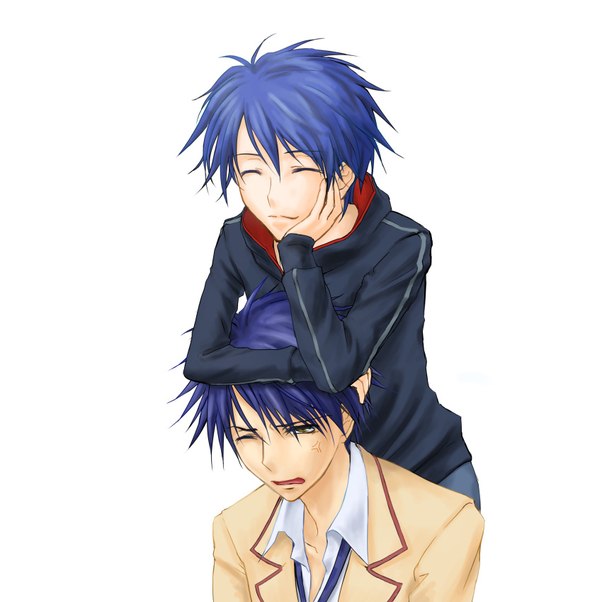 2boys, ^_^, absurdres, aged_down, annoyed, black_jacket, blue_hair, brown_eyes