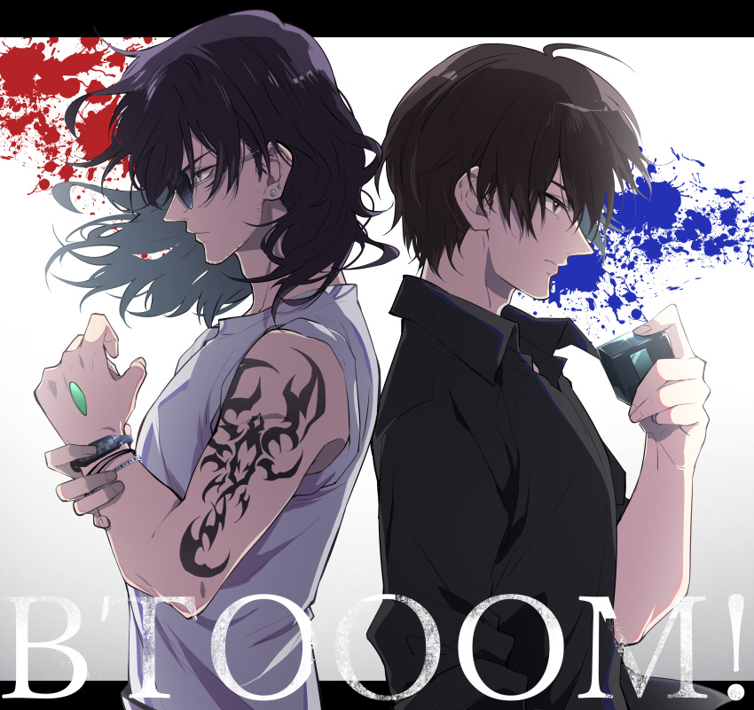 2boys, absurdres, black_shirt, bracelet, btooom!, closed_mouth, collared_shirt, commentary_request