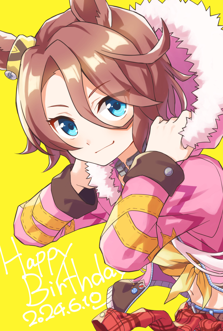 1girl, animal_ears, asymmetrical_clothes, blue_eyes, brown_hair, clothes_around_waist, commentary, cowlick