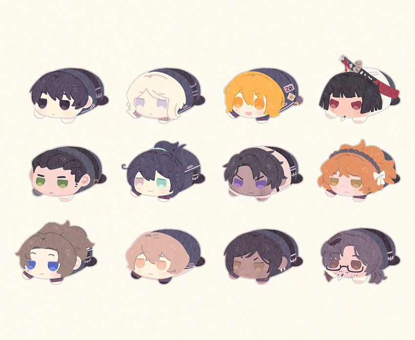 6+boys, 6+girls, black_eyes, black_hair, blonde_hair, blue_eyes, brown_eyes, brown_hair, character_doll, dark-skinned_female, dark-skinned_male, dark_skin, doll, don_quixote_(project_moon), expressionless, faust_(project_moon), green_eyes, gregor_(project_moon), hair_slicked_back, heathcliff_(project_moon), highres, hong_lu_(project_moon), ishmael_(project_moon), limbus_company, long_hair, low_ponytail, meursault_(project_moon), mochikororin, multiple_boys, multiple_girls, ootachi, open_mouth, orange_hair, outis_(project_moon), ponytail, project_moon, red_eyes, rodion_(project_moon), ryoshu_(project_moon), short_hair, sidelocks, simple_background, sinclair_(project_moon), smile, smoking, very_long_hair, white_background, yellow_eyes, yesheng_zong_ren, yi_sang_(project_moon)