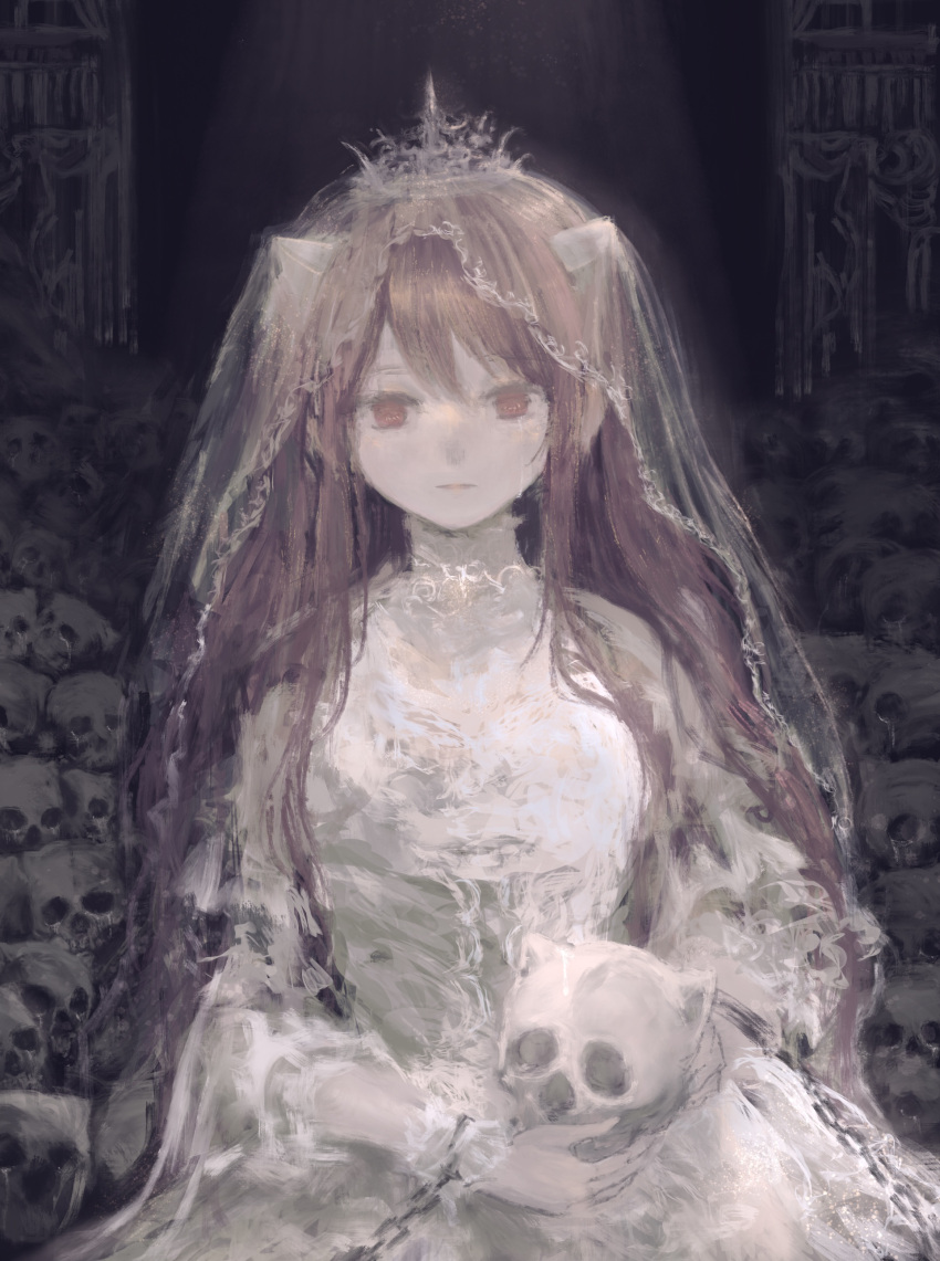 1girl, absurdres, brown_hair, chain, closed_mouth, commentary_request, crown, dress, elfen_lied, english_commentary, expressionless, highres, konkontsuki, long_hair, looking_at_viewer, lucy_(elfen_lied), pile_of_skulls, red_eyes, skull, solo, veil, white_dress