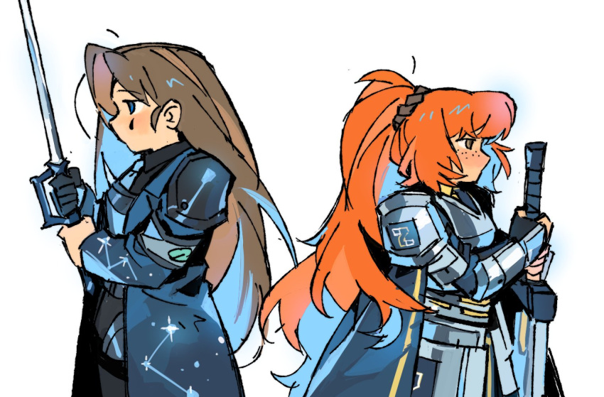 2girls, armor, armored_dress, back-to-back, black_gloves, black_shirt, blue_coat, blue_necktie