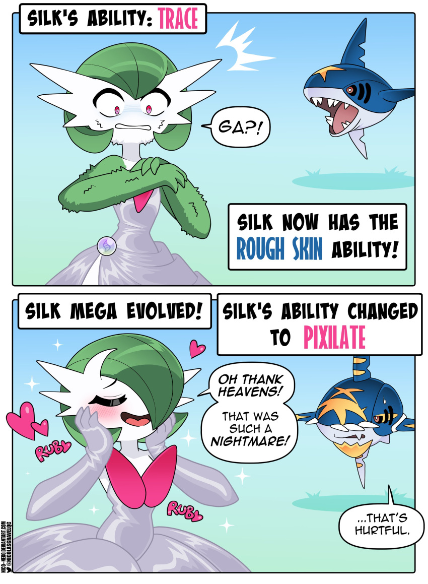 1girl, absurdres, blue_skin, blush, closed_eyes, colored_skin, dress, gardevoir