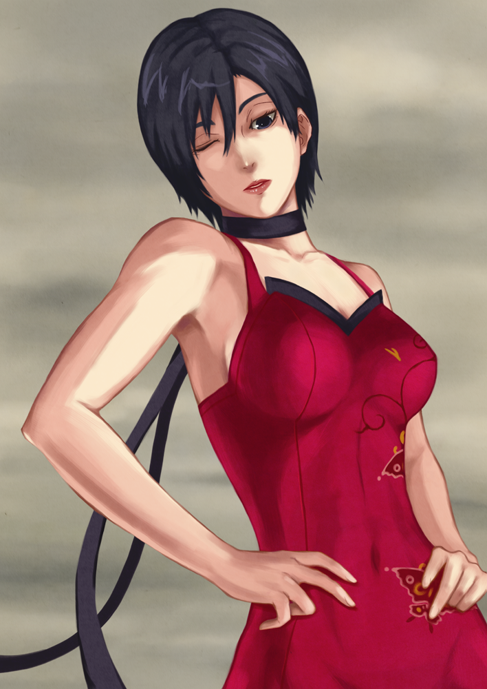 ada_wong, bad_id, blue_eyes, blue_hair, choker, collarbone, dress, hands_on_hips
