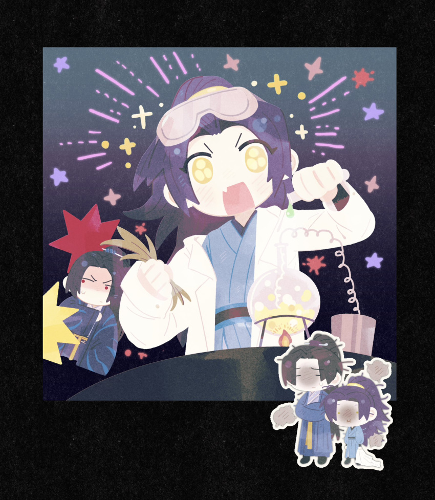 2boys, alcohol_burner, black_hair, blue_hair, blue_hanfu, blush, brothers, burnt_face