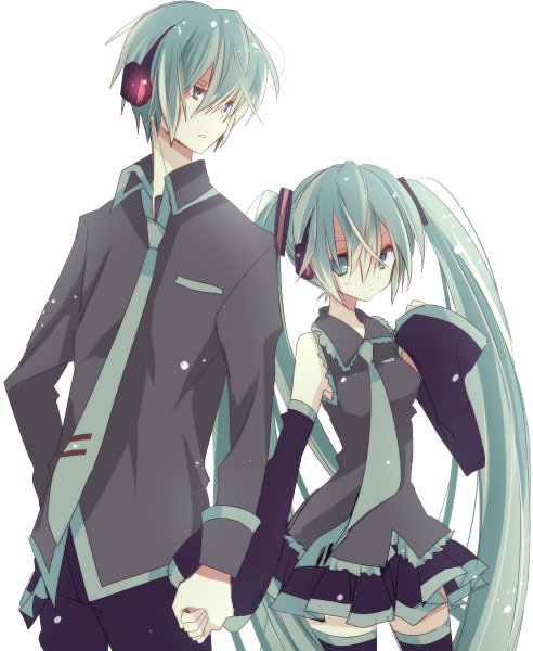 aqua_hair, detached_sleeves, genderswap, hand_holding, hatsune_miku, hatsune_mikuo, headphones, holding_hands