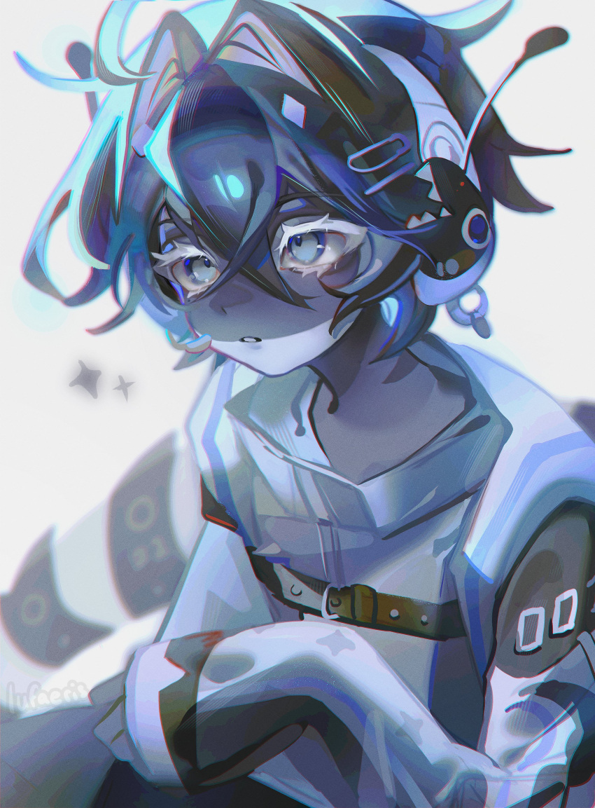 1boy, absurdres, antennae, belt, black_belt, blue_eyes, blue_hair, blue_skin, cloud_(lufaeris), colored_eyelashes, colored_skin, commentary, crossed_bangs, english_commentary, furry, furry_male, hair_between_eyes, hair_intakes, highres, looking_ahead, male_focus, original, parted_lips, short_hair, solo, straitjacket, tail, upper_body, white_background, white_eyelashes