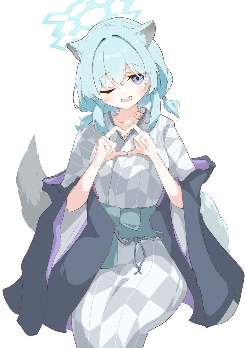 1girl, ;d, animal_ear_fluff, animal_ears, bath_yukata, blue_archive, blush, commentary_request