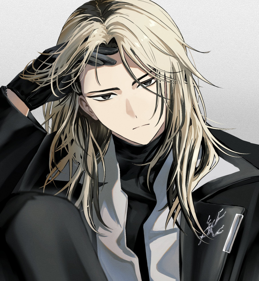 18trip, 1boy, bishounen, black_eyes, black_gloves, black_jacket, black_roots, black_shirt