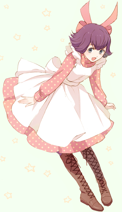 1girl, akiyama_enma, apron, boots, brown_boots, chao_(unico), commentary_request, dress, eyelashes, full_body, lace-up_boots, looking_at_viewer, open_mouth, pink_ribbon, polka_dot, polka_dot_dress, purple_hair, ribbon, short_hair, simple_background, solo, star_(symbol), unico, white_apron