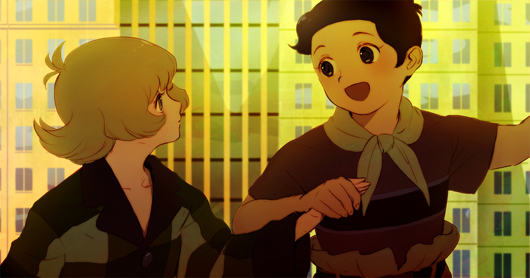 1boy, 1girl, akiyama_enma, black_eyes, black_hair, blonde_hair, closed_mouth, collarbone