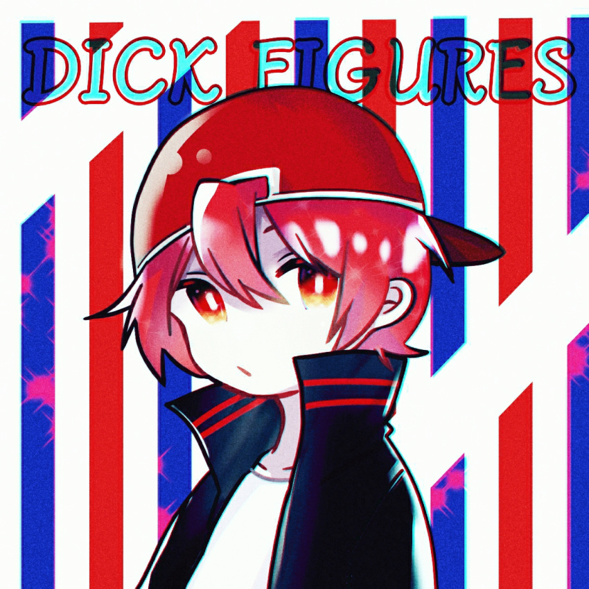 1boy, animification, arms_at_sides, backwards_hat, baseball_cap, black_jacket, blue_background, bright_pupils