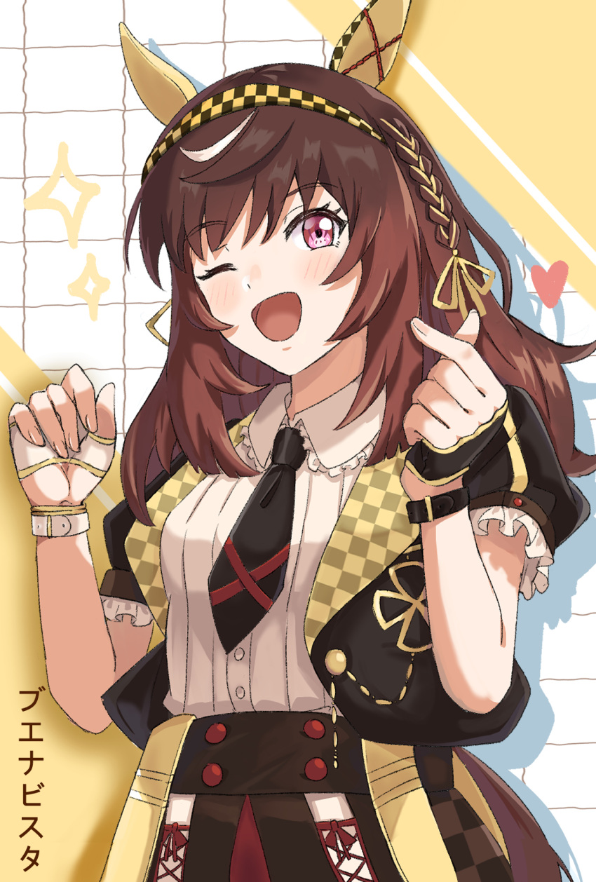 1girl, animal_ears, breasts, brown_hair, buena_vista_(heroina_inocente)_(umamusume), buena_vista_(umamusume), character_name, commentary_request