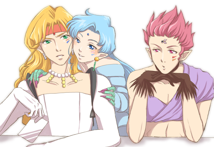 bishoujo_senshi_sailor_moon, blonde_hair, blue_eyes, blue_hair, esuya, fish_eye_(sailor_moon), green_eyes, hawk's_eye_(sailor_moon), hawk's_eye_(sailor_moon), hawk_eye, long_hair, multiple_boys, pointy_ears, red_eyes, red_hair, redhead, short_hair, tiger's_eye_(sailor_moon), tiger's_eye_(sailor_moon), tiger_eye, trap, white_background