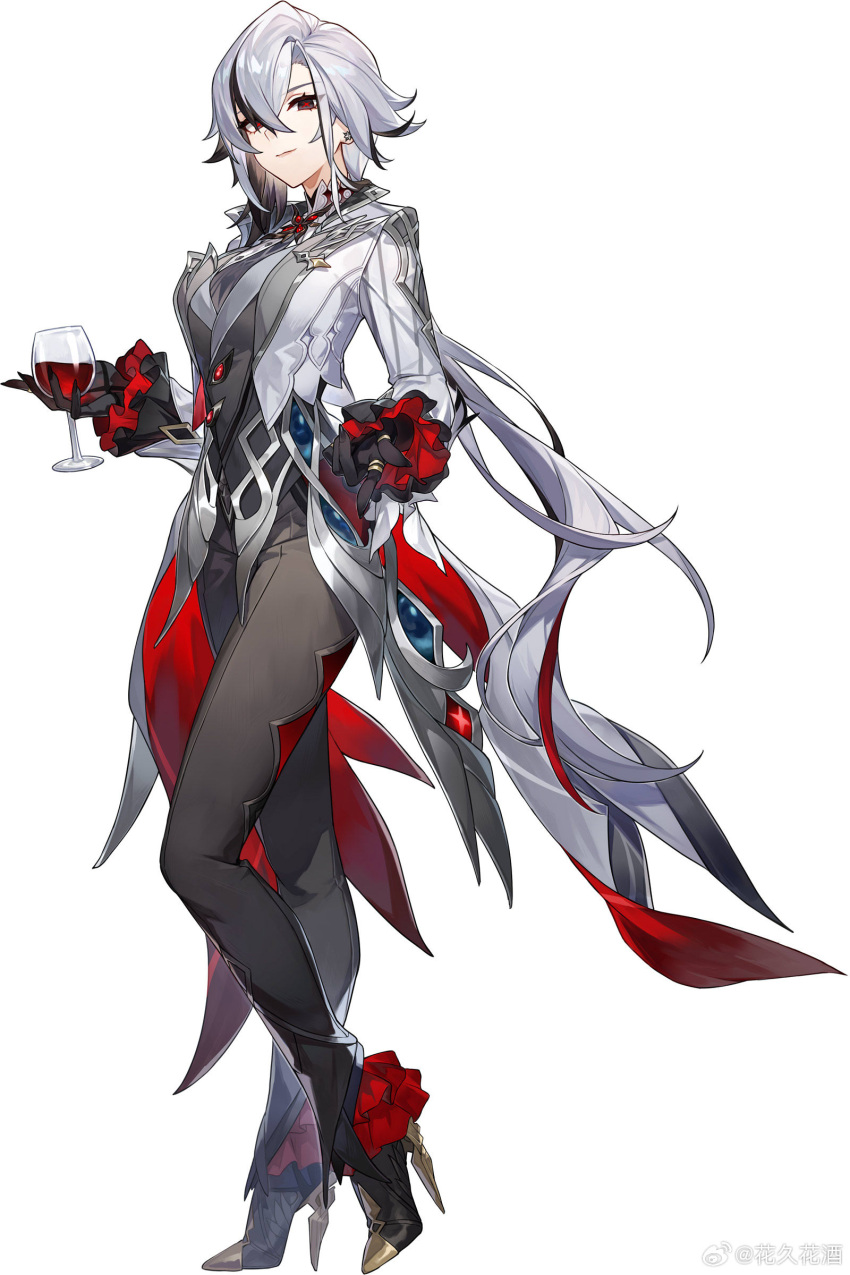 1girl, absurdres, alcohol, arlecchino_(genshin_impact), black_eyes, black_hair, closed_mouth, cup