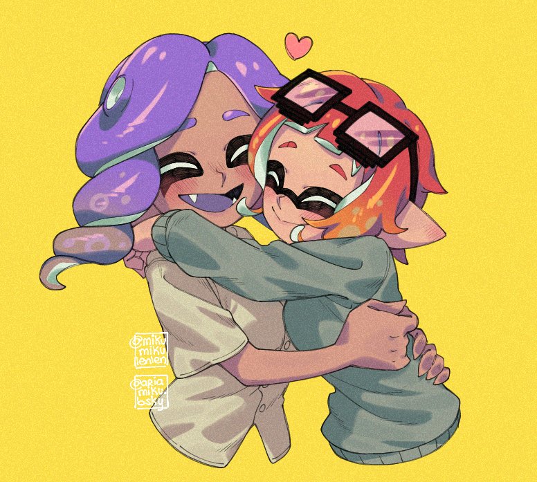 2girls, anemoneno1_(splatoon), ariamikukanzaki, blunt_bangs, blush, breasts, brown_shirt, closed_eyes, commentary, dark-skinned_female, dark_skin, drill_hair, ear_blush, eyebrows_hidden_by_hair, eyewear_on_head, fangs, film_grain, glasses, gradient_hair, green_sweater, heart, hug, inkling, medium_breasts, medium_hair, multicolored_hair, multiple_girls, octoling, open_mouth, orange_hair, pointy_ears, purple_hair, red_hair, shirt, short_hair, smile, splatoon_(series), splatoon_3, sweater, takotruck_(splatoon), tentacle_hair, twin_drills, watermark, yellow_background, yuri