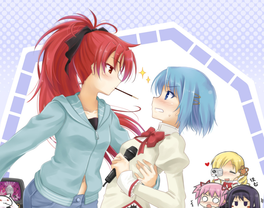 black_hair, blonde_hair, blue_eyes, blue_hair, blush, bow, camcorder, cape