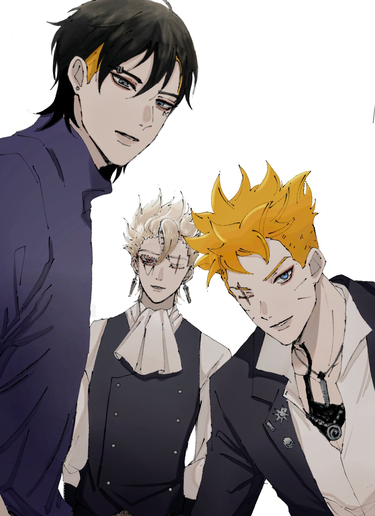 3boys, ascot, black_hair, black_jacket, black_vest, blonde_hair, blue_eyes, boruto:_two_blue_vortex