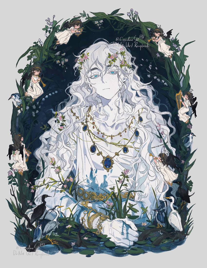 1boy, 1girl, ancient_greek_clothes, angel, belt, bird, black_bird, black_hair