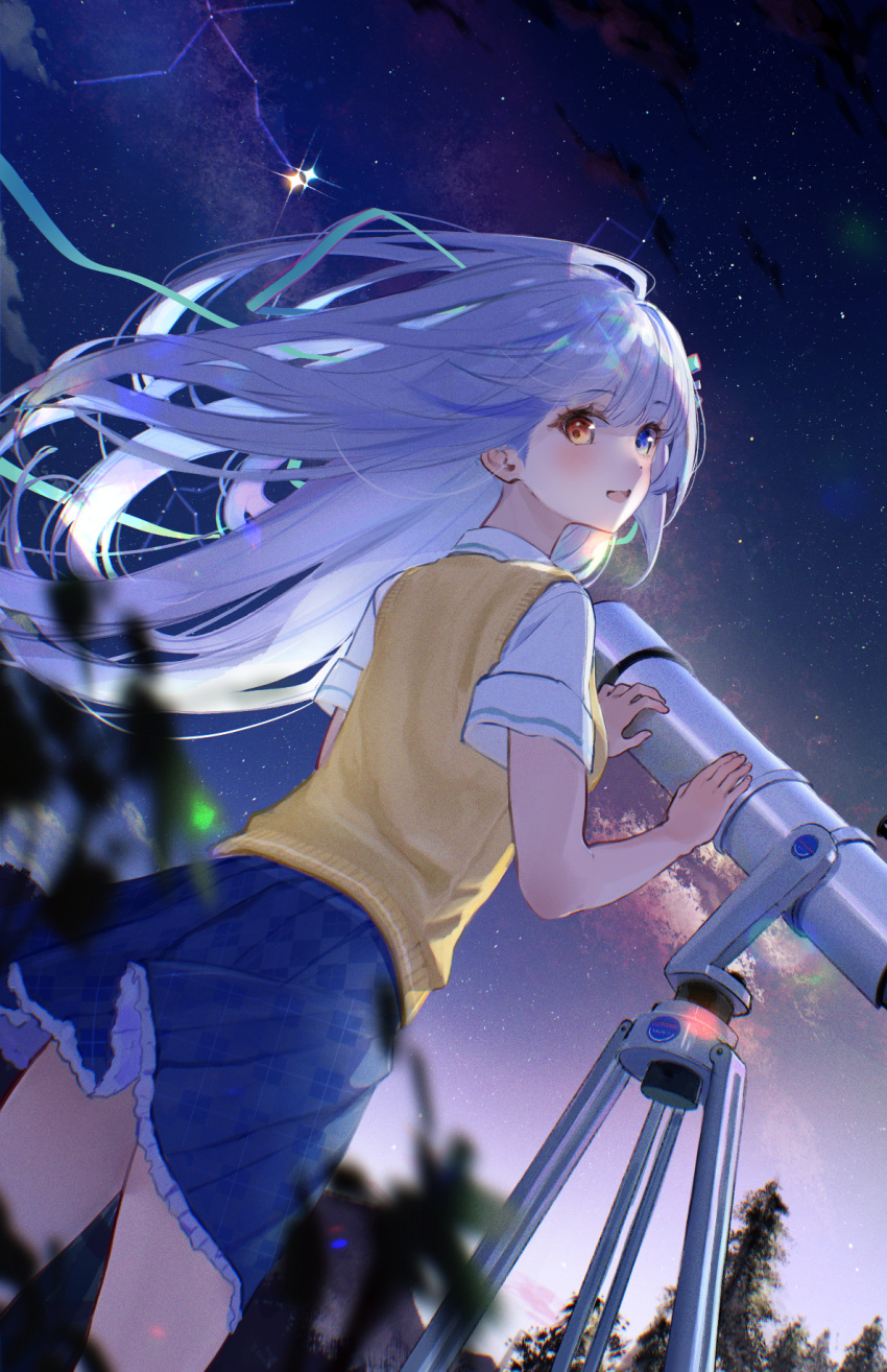 1girl, amanogawa_saya, aquila_(constellation), blue_eyes, blue_skirt, commentary_request, commission, constellation