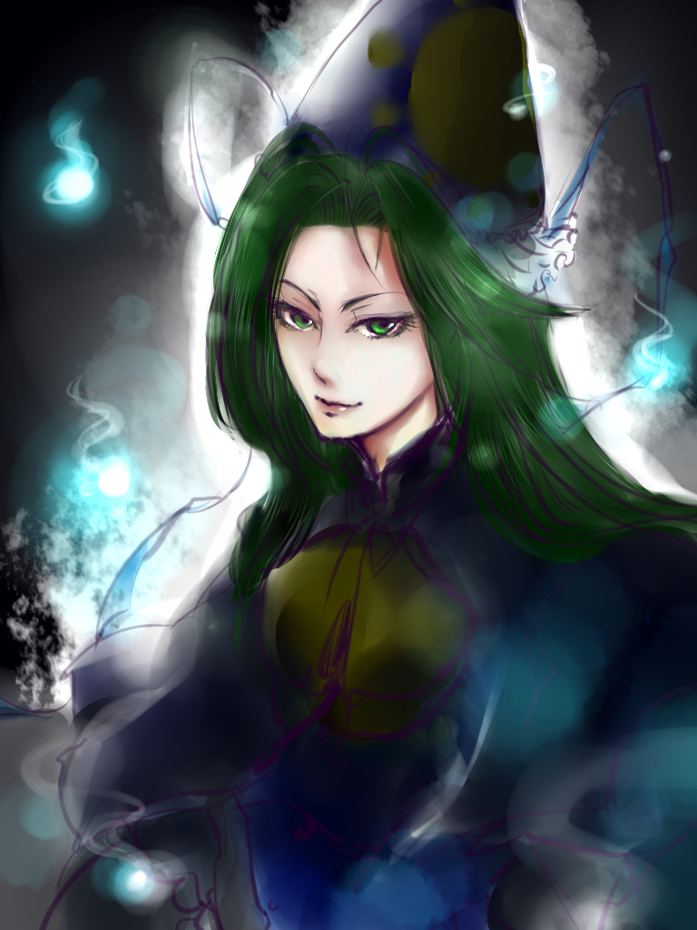 green_eyes, green_hair, hat, lips, long_hair, masamune_(eight5050), mima, solo, touhou, touhou_(pc-98), wizard_hat