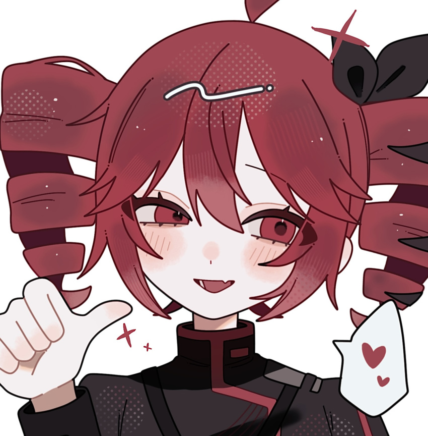 1girl, :d, ahoge, black_jacket, black_ribbon, blunt_bangs, blush_stickers, commentary_request, double-parted_bangs, fang, hair_between_eyes, hair_ribbon, hand_up, heart, highres, jacket, kasane_teto, kasane_teto_(sv), long_sleeves, looking_to_the_side, making-of_available, okayu_(okayuyuyu2), open_mouth, portrait, red_eyes, red_hair, ribbon, short_hair, sidelocks, simple_background, skin_fang, smile, solo, sparkle, spoken_heart, synthesizer_v, twin_drills, twintails, utau, white_background