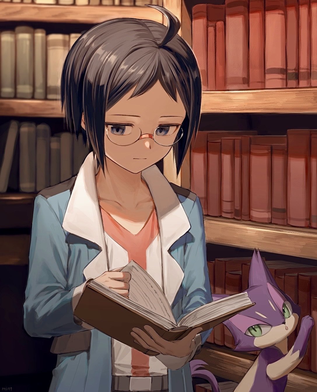 1boy, ahoge, black_hair, blue_eyes, blue_jacket, book, bookshelf, cat
