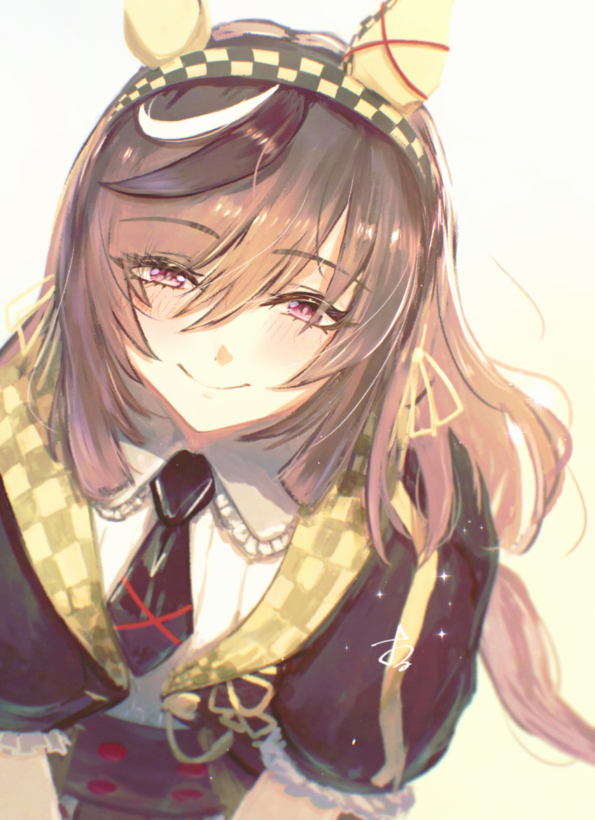 1girl, animal_ears, black_jacket, black_necktie, blush, breasts, brown_hair, buena_vista_(heroina_inocente)_(umamusume)
