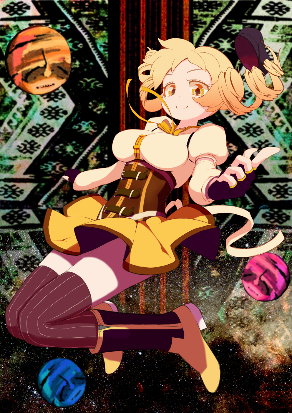 beret, blonde_hair, boots, breasts, corset, detached_sleeves, drill_hair, fingerless_gloves