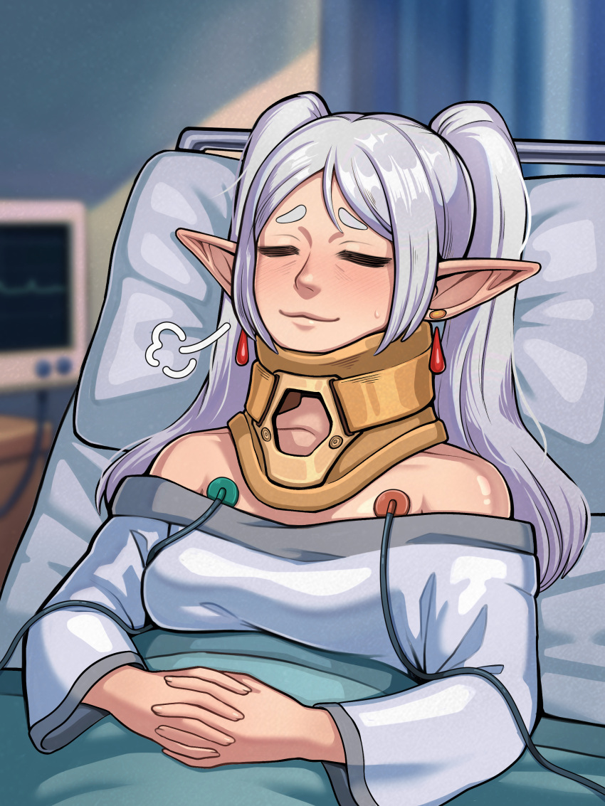 1girl, absurdres, bare_shoulders, bed, blush, breasts, closed_eyes, closed_mouth