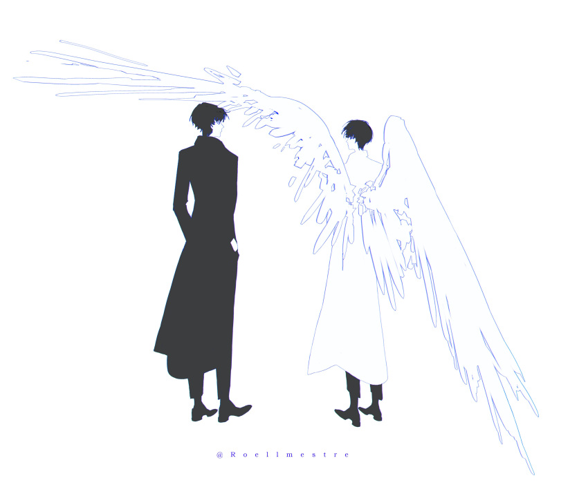 2boys, absurdres, black_coat, black_hair, coat, commentary, facing_away, feathered_wings