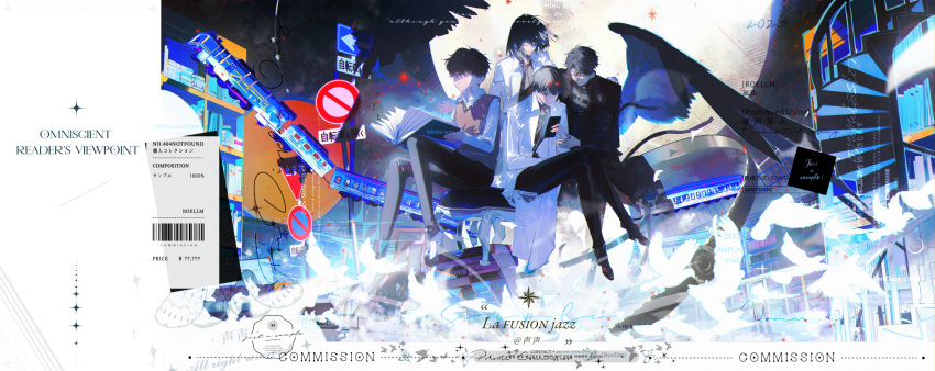 1girl, 3boys, bird, black_coat, black_hair, black_shirt, black_wings, book