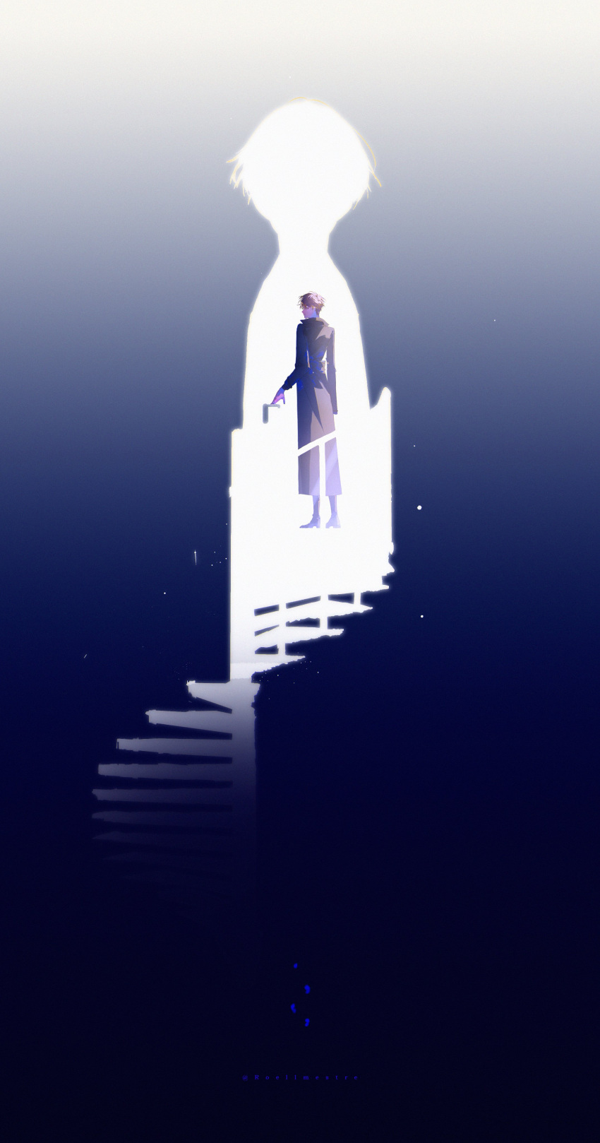 1boy, absurdres, black_coat, black_hair, boots, coat, commentary, doorknob