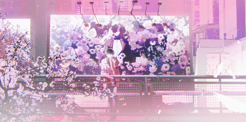 1boy, absurdres, ad_(object), against_railing, billboard, black_hair, black_shirt, cherry_blossoms