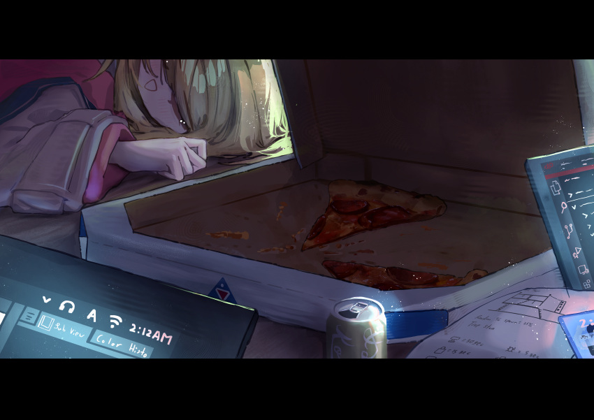 1girl, absurdres, blonde_hair, blue_archive, can, closed_eyes, commentary_request, computer