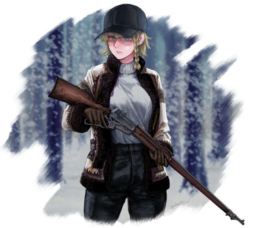 1girl, absurdres, asymmetrical_bangs, blonde_hair, braid, braided_sidelock, commentary, commission