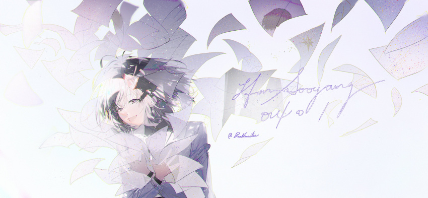 1girl, :d, absurdres, black_eyes, black_hair, bob_cut, character_name, coat
