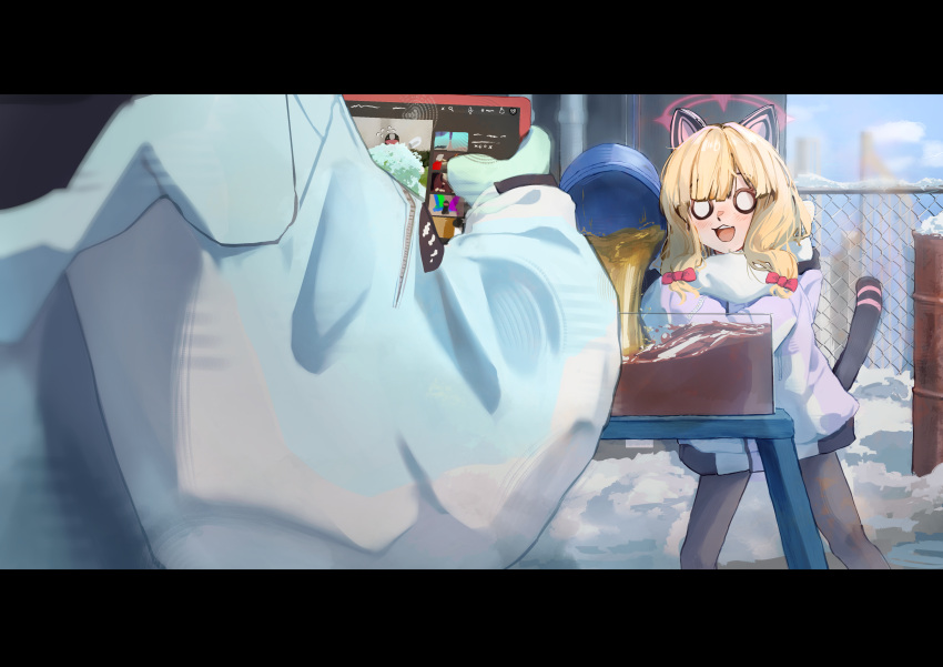 2girls, :d, absurdres, animal_ear_headphones, animal_ears, black_pantyhose, blonde_hair, blue_archive