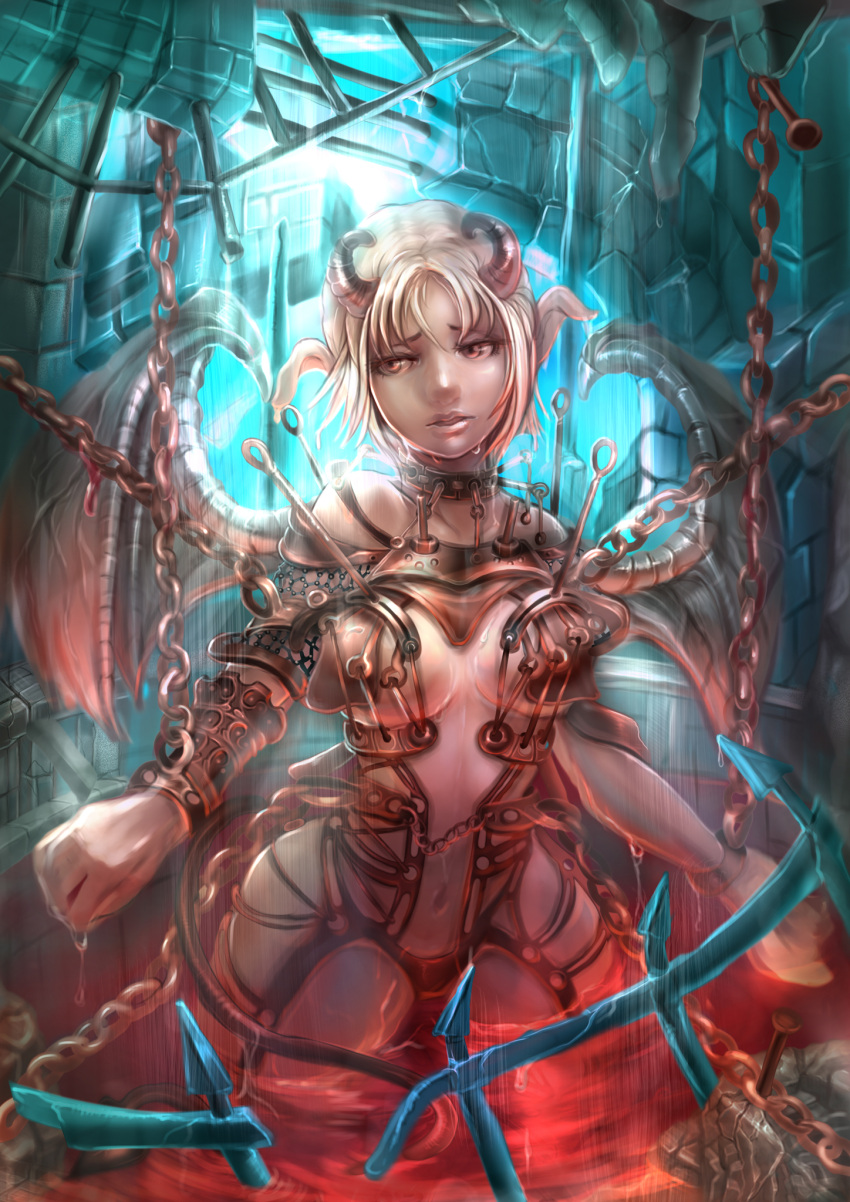 1girl, absolute_cleavage, armor, bat_wings, blonde_hair, chain, chained, chains