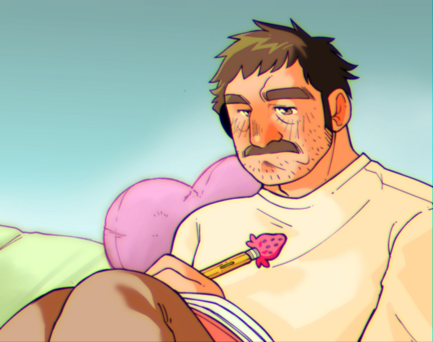 1boy, beard_stubble, bedroom, brown_eyes, brown_hair, brown_pants, commentary, english_commentary