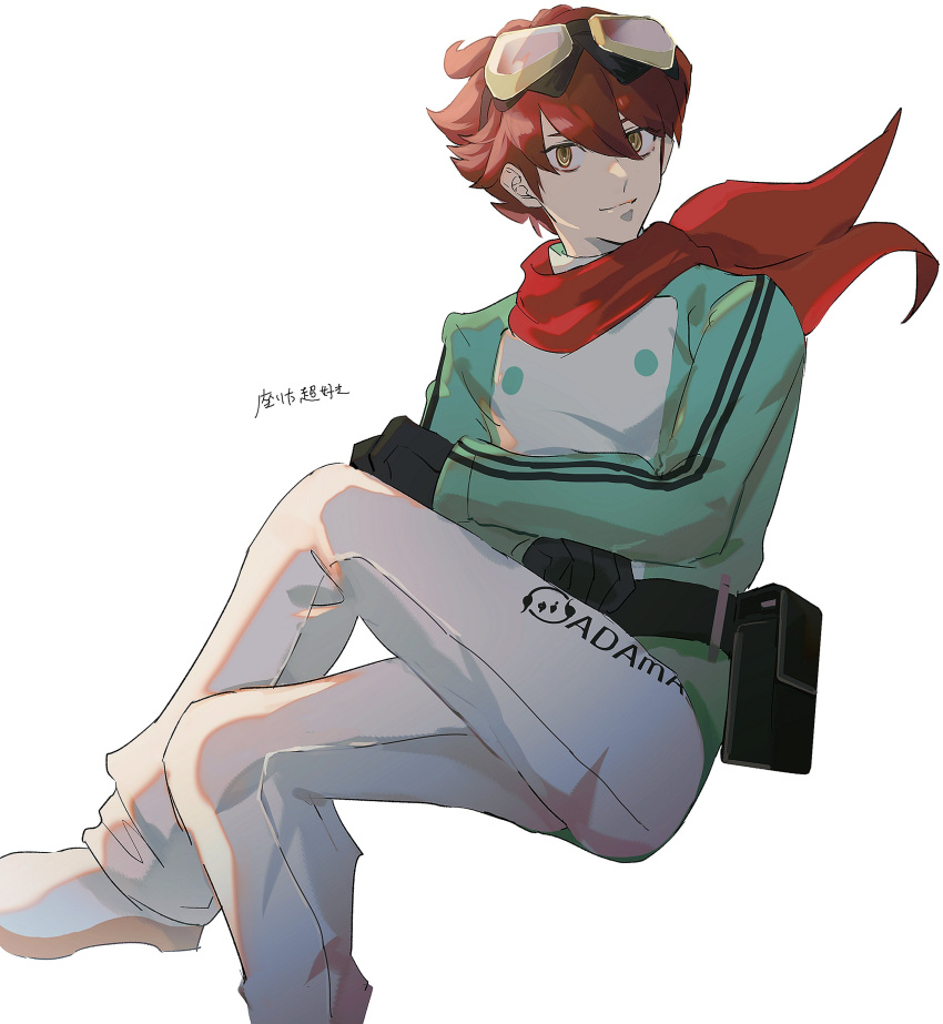 1boy, absurdres, belt, black_gloves, brown_hair, crossed_legs, digimon, digimon_story:_time_stranger